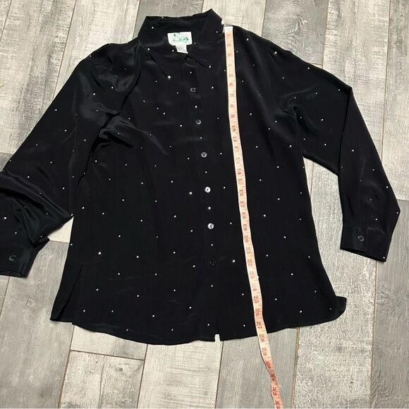 VTG 90s Quaker Factory Black Silk Crystal Soarkle Dot Popover Button Up Tunic S - Picture 5 of 11